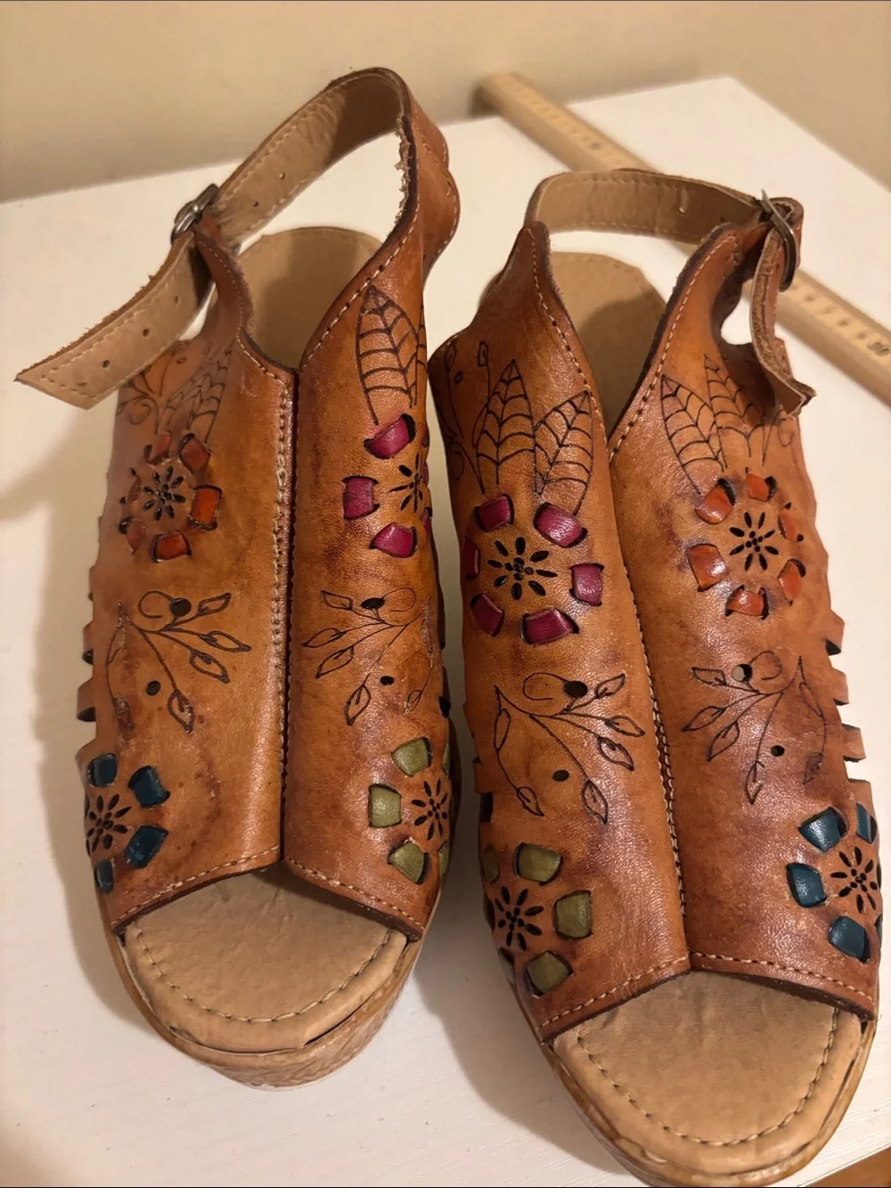 Brown Leather Floral Cutout Wedge Sandals